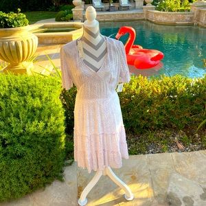 Lovestitch dress ss M new with tags, lined bottom- lavender spec/ on white